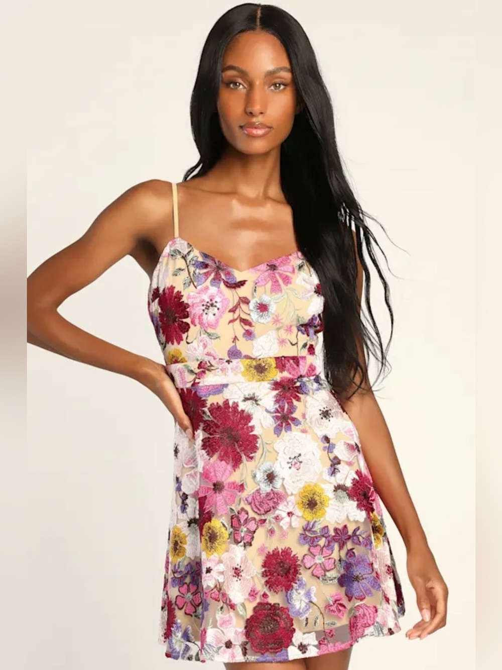 NWOT Lulus Garden Grandeur Beige Floral
Embroidered A-Line Mini Dress - Size S